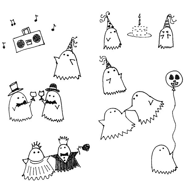Inked drawing of ghosts in party attire float about, clinking glasses, thinking of cake, dancing to music from a boombox